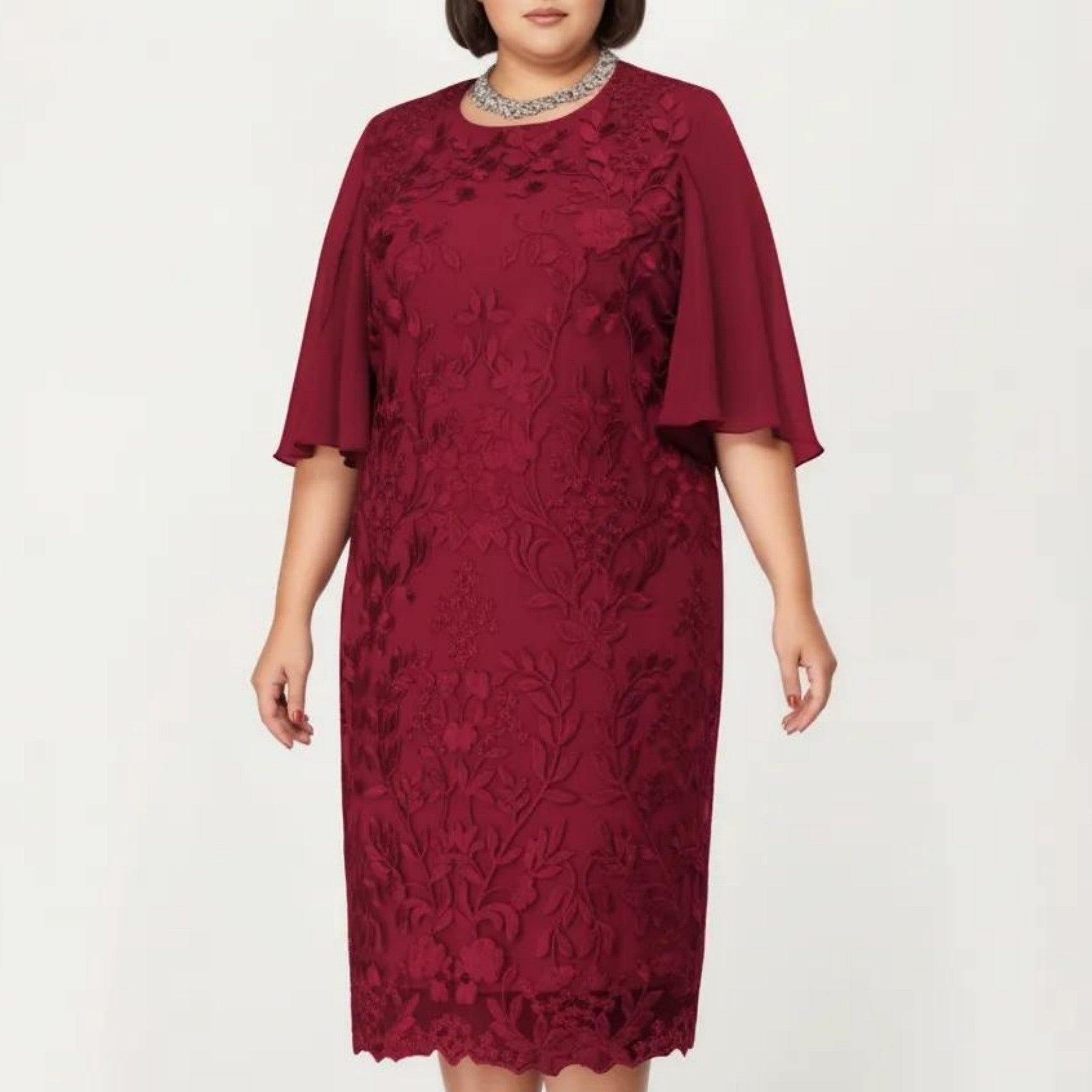 Anna-Kaci Plus Size Lace Midi Dress with Sheer Overlay Short Sleeve Loose Fit Elegant Knee Length Dress