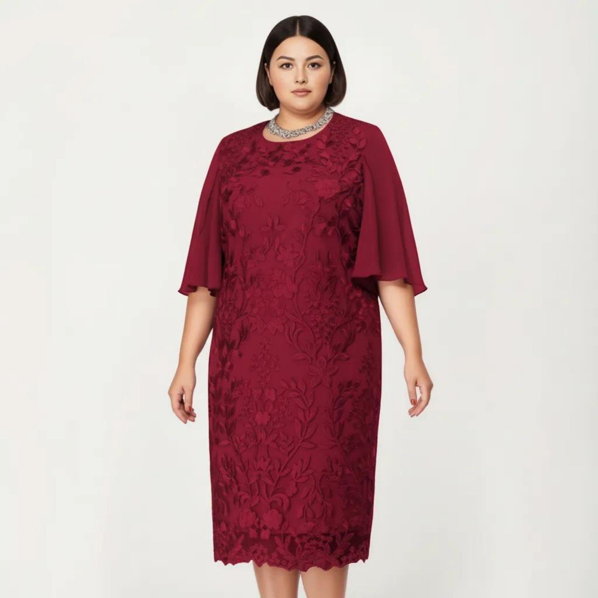 Anna-Kaci Plus Size Lace Midi Dress with Sheer Overlay Short Sleeve Loose Fit Elegant Knee Length Dress