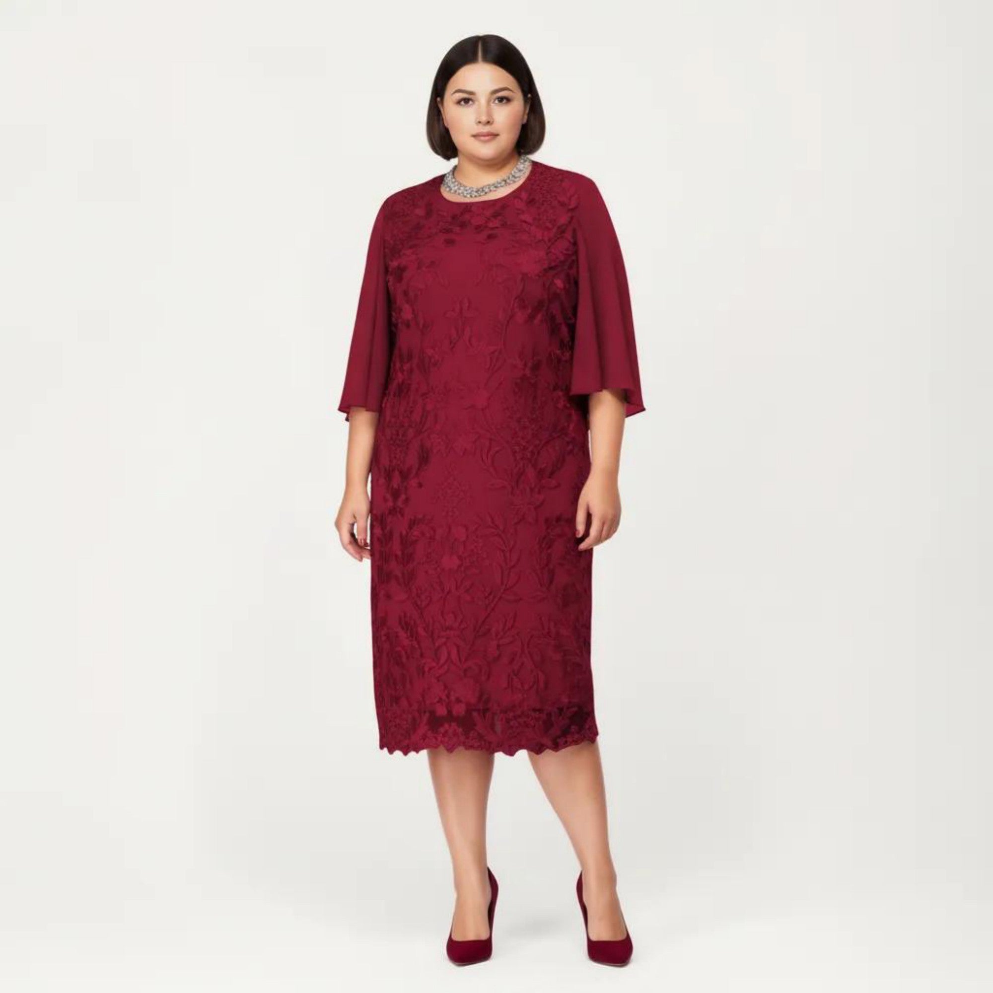 Anna-Kaci Plus Size Lace Midi Dress with Sheer Overlay Short Sleeve Loose Fit Elegant Knee Length Dress