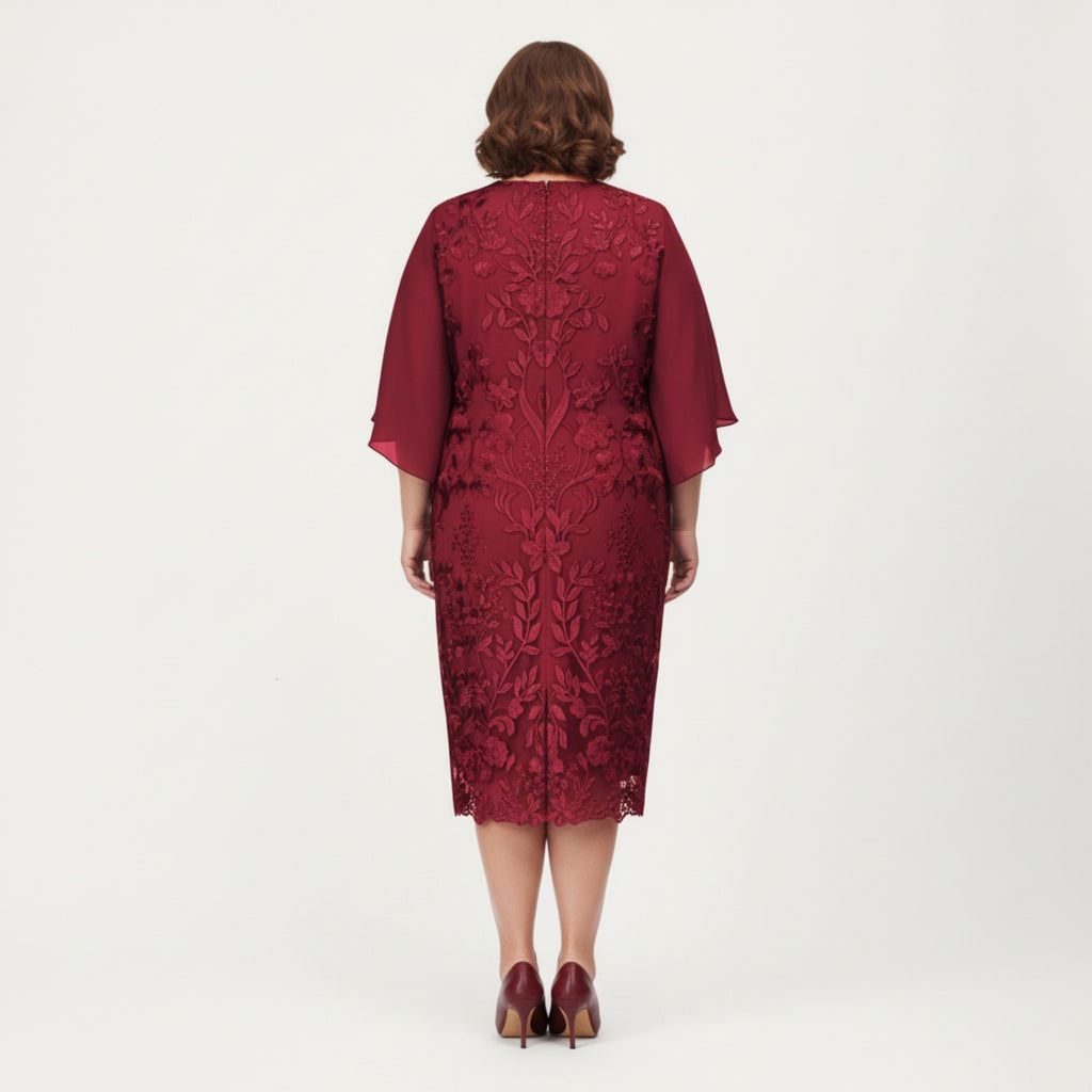 Anna-Kaci Plus Size Lace Midi Dress with Sheer Overlay Short Sleeve Loose Fit Elegant Knee Length Dress