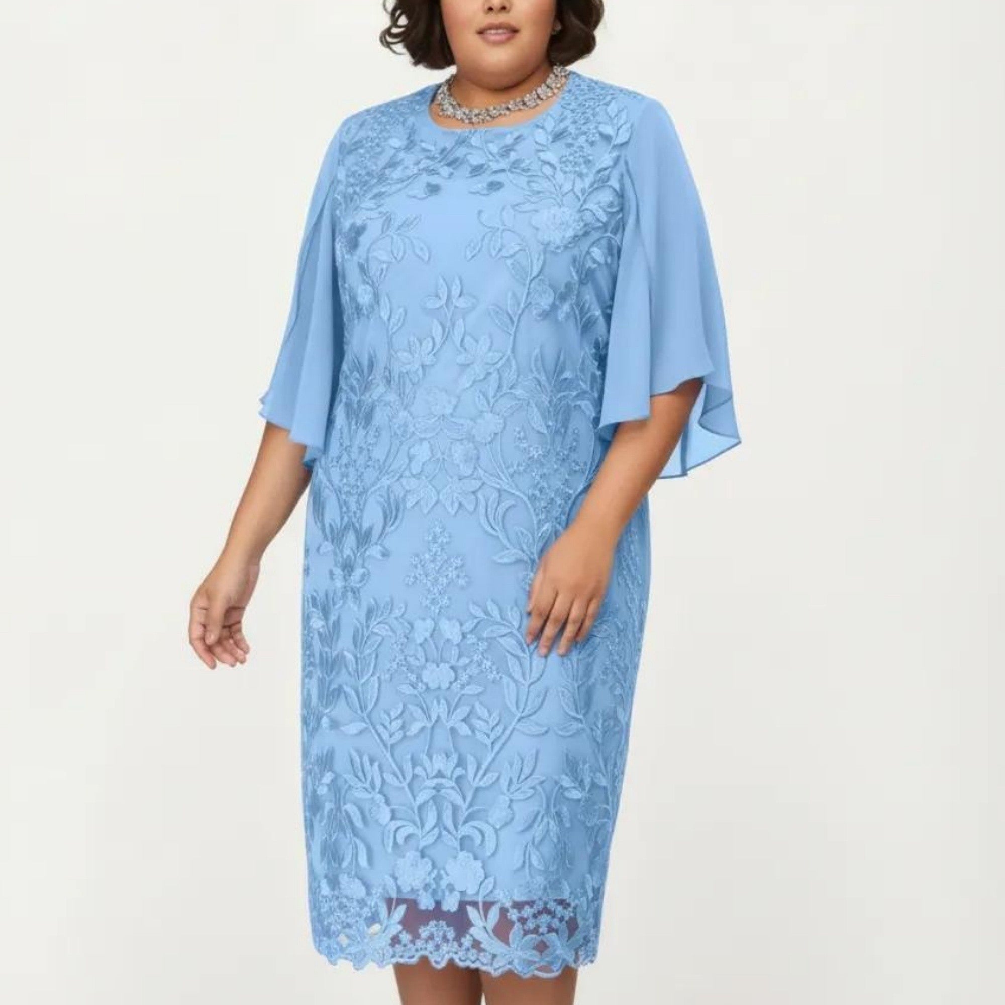 Anna-Kaci Plus Size Lace Midi Dress with Sheer Overlay Short Sleeve Loose Fit Elegant Knee Length Dress