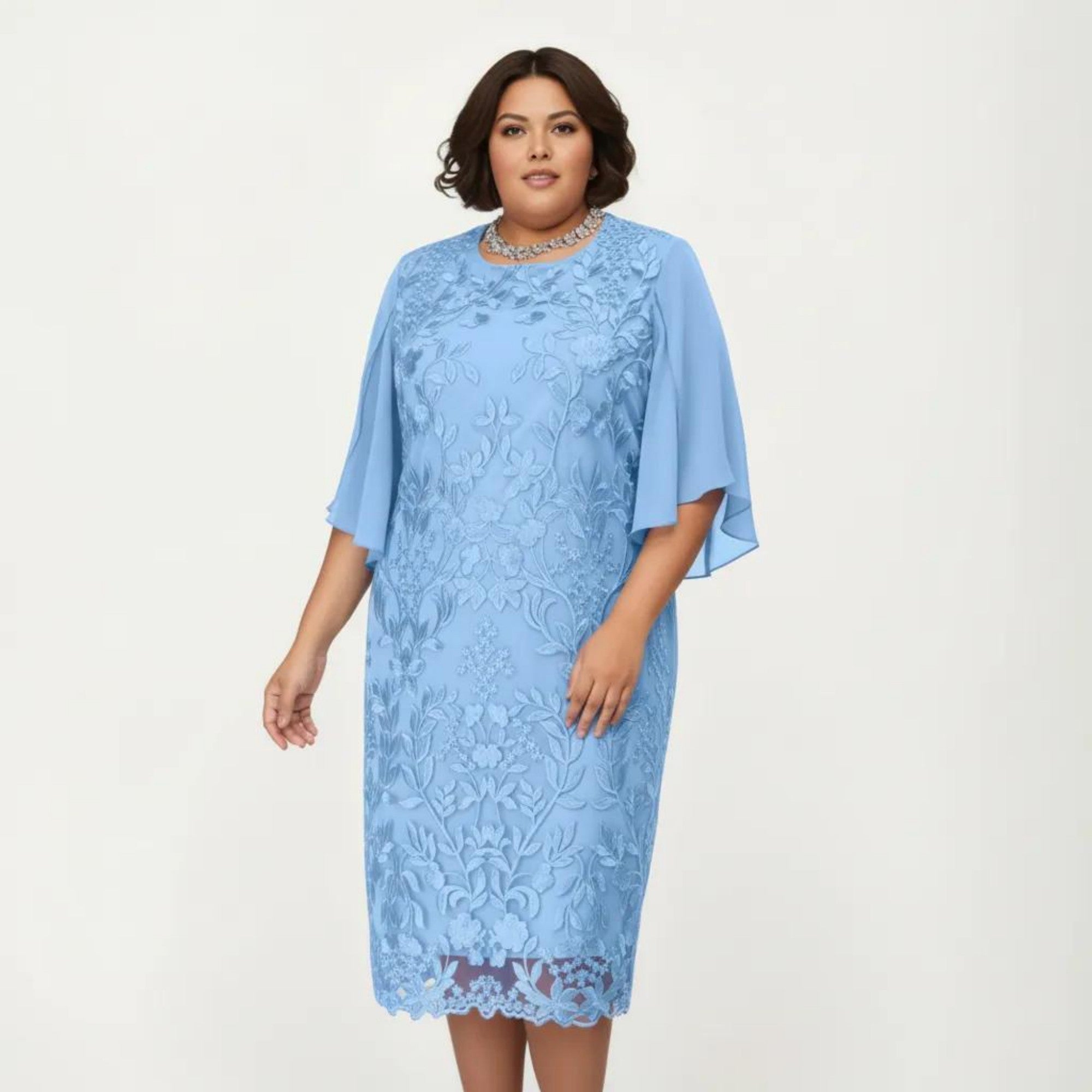 Anna-Kaci Plus Size Lace Midi Dress with Sheer Overlay Short Sleeve Loose Fit Elegant Knee Length Dress