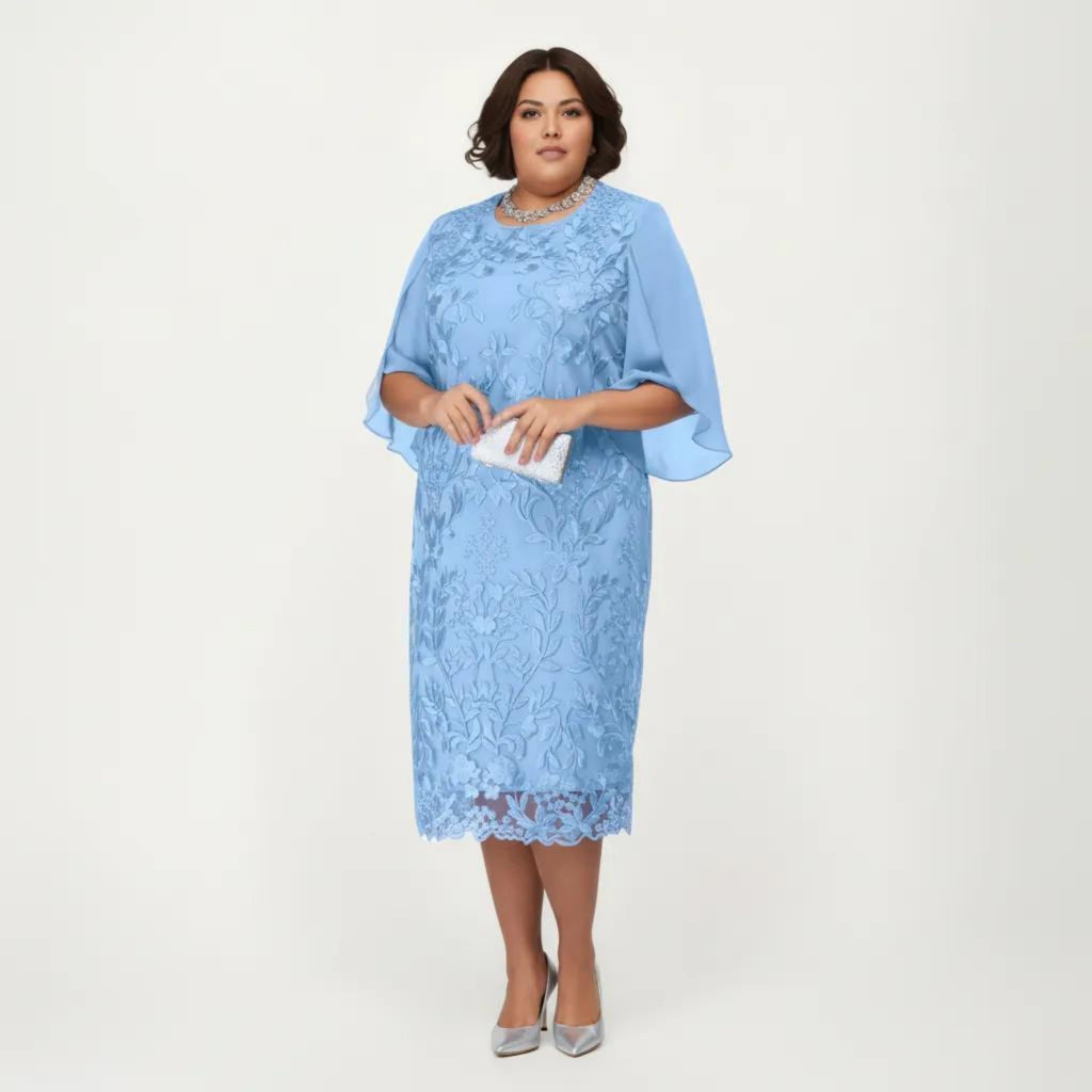 Anna-Kaci Plus Size Lace Midi Dress with Sheer Overlay Short Sleeve Loose Fit Elegant Knee Length Dress
