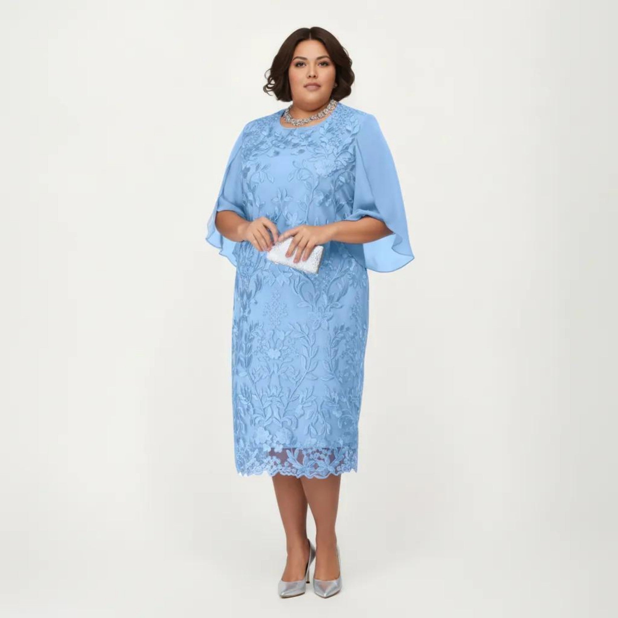 Anna-Kaci Plus Size Lace Midi Dress with Sheer Overlay Short Sleeve Loose Fit Elegant Knee Length Dress