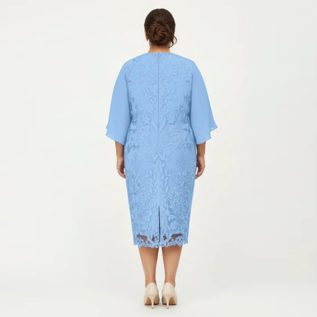 Anna-Kaci Plus Size Lace Midi Dress with Sheer Overlay Short Sleeve Loose Fit Elegant Knee Length Dress