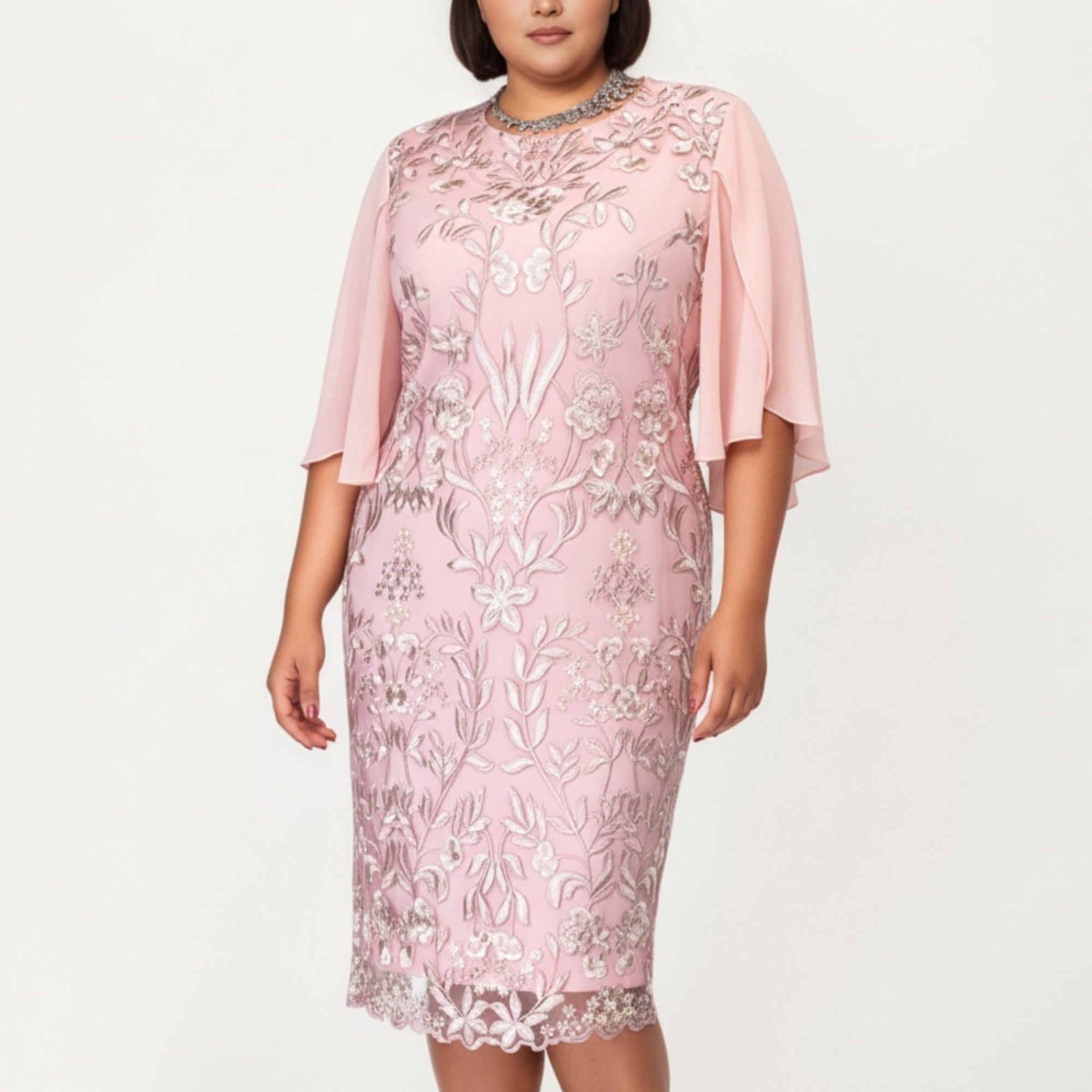 Anna-Kaci Plus Size Lace Midi Dress with Sheer Overlay Short Sleeve Loose Fit Elegant Knee Length Dress