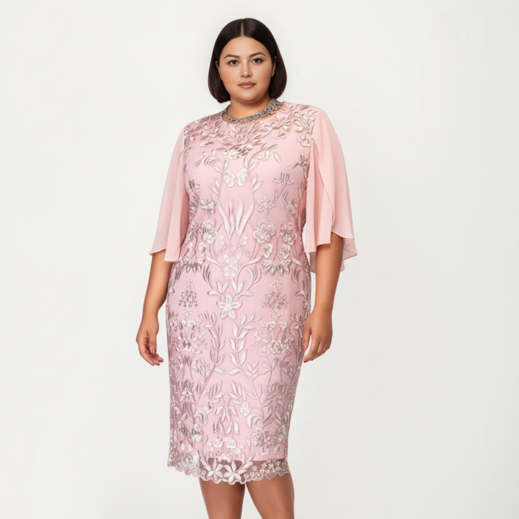 Anna-Kaci Plus Size Lace Midi Dress with Sheer Overlay Short Sleeve Loose Fit Elegant Knee Length Dress