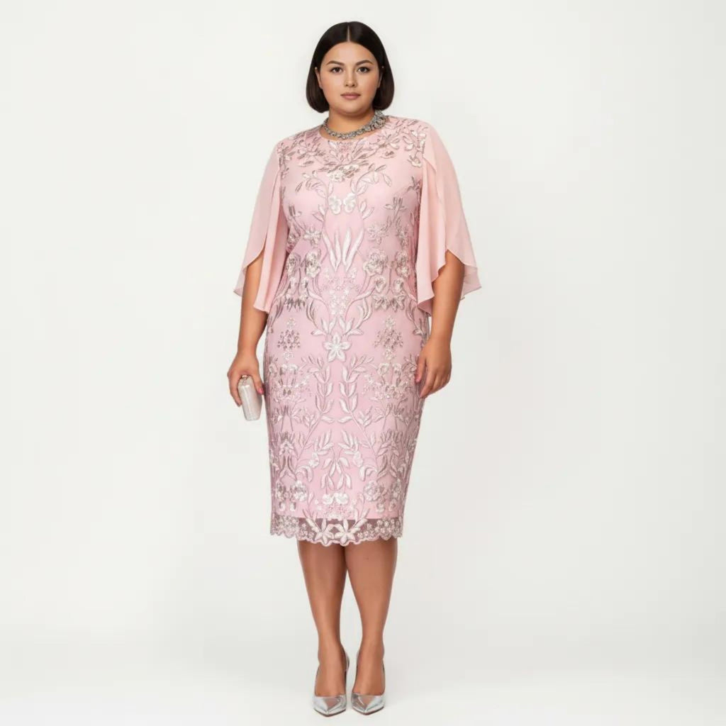 Anna-Kaci Plus Size Lace Midi Dress with Sheer Overlay Short Sleeve Loose Fit Elegant Knee Length Dress