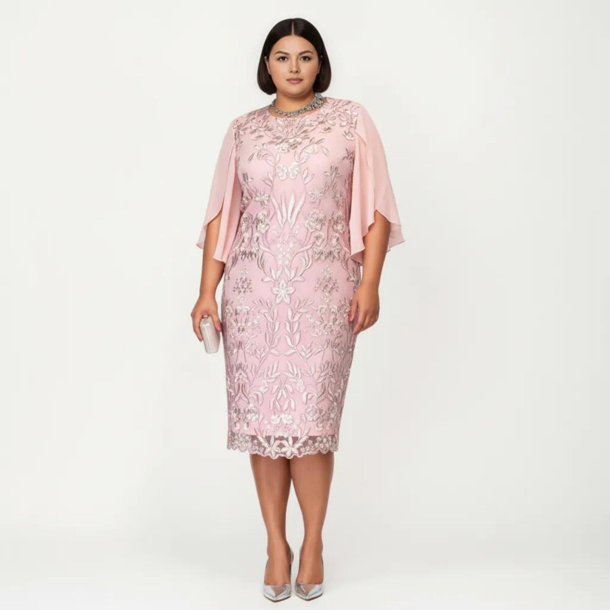 Anna-Kaci Plus Size Lace Midi Dress with Sheer Overlay Short Sleeve Loose Fit Elegant Knee Length Dress