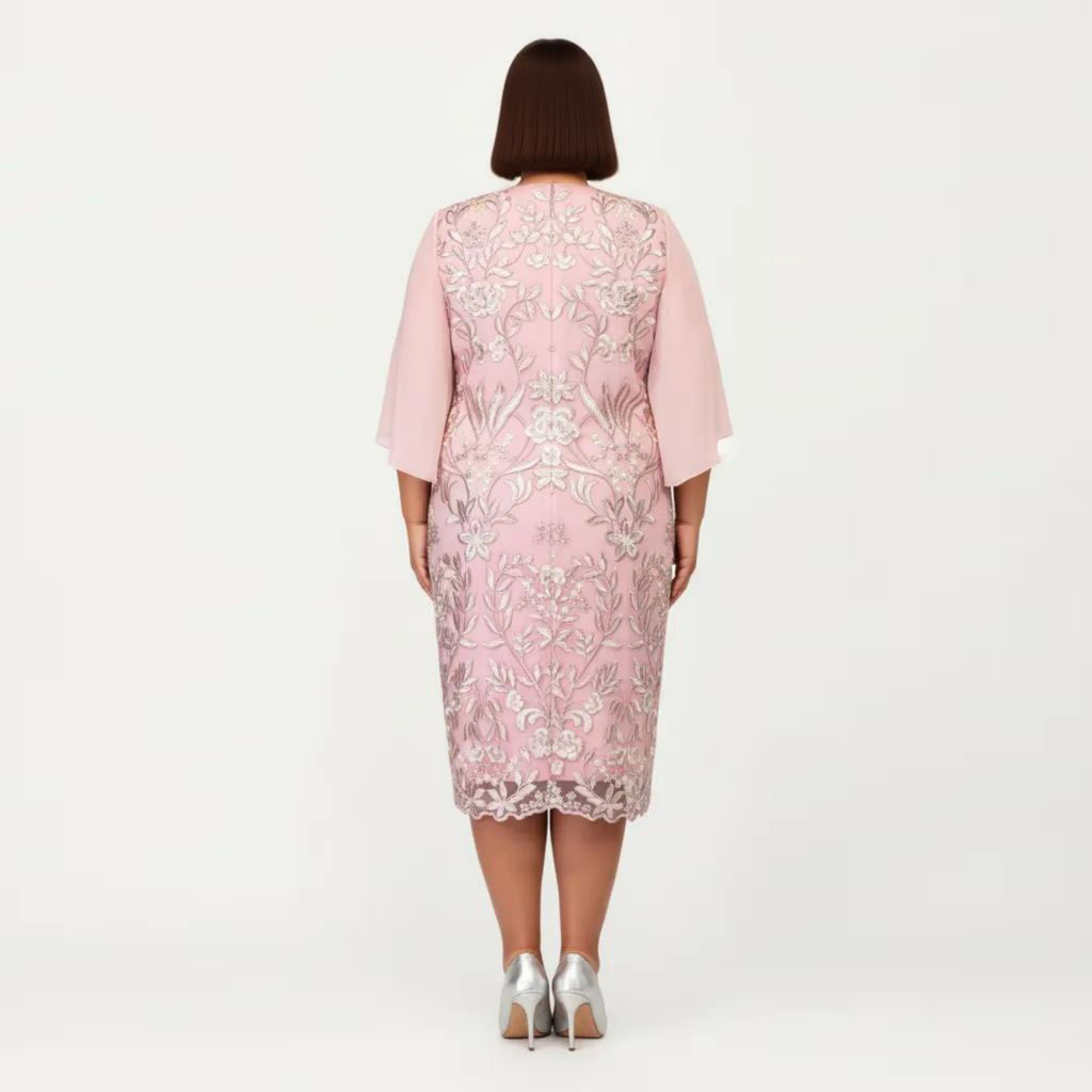 Anna-Kaci Plus Size Lace Midi Dress with Sheer Overlay Short Sleeve Loose Fit Elegant Knee Length Dress