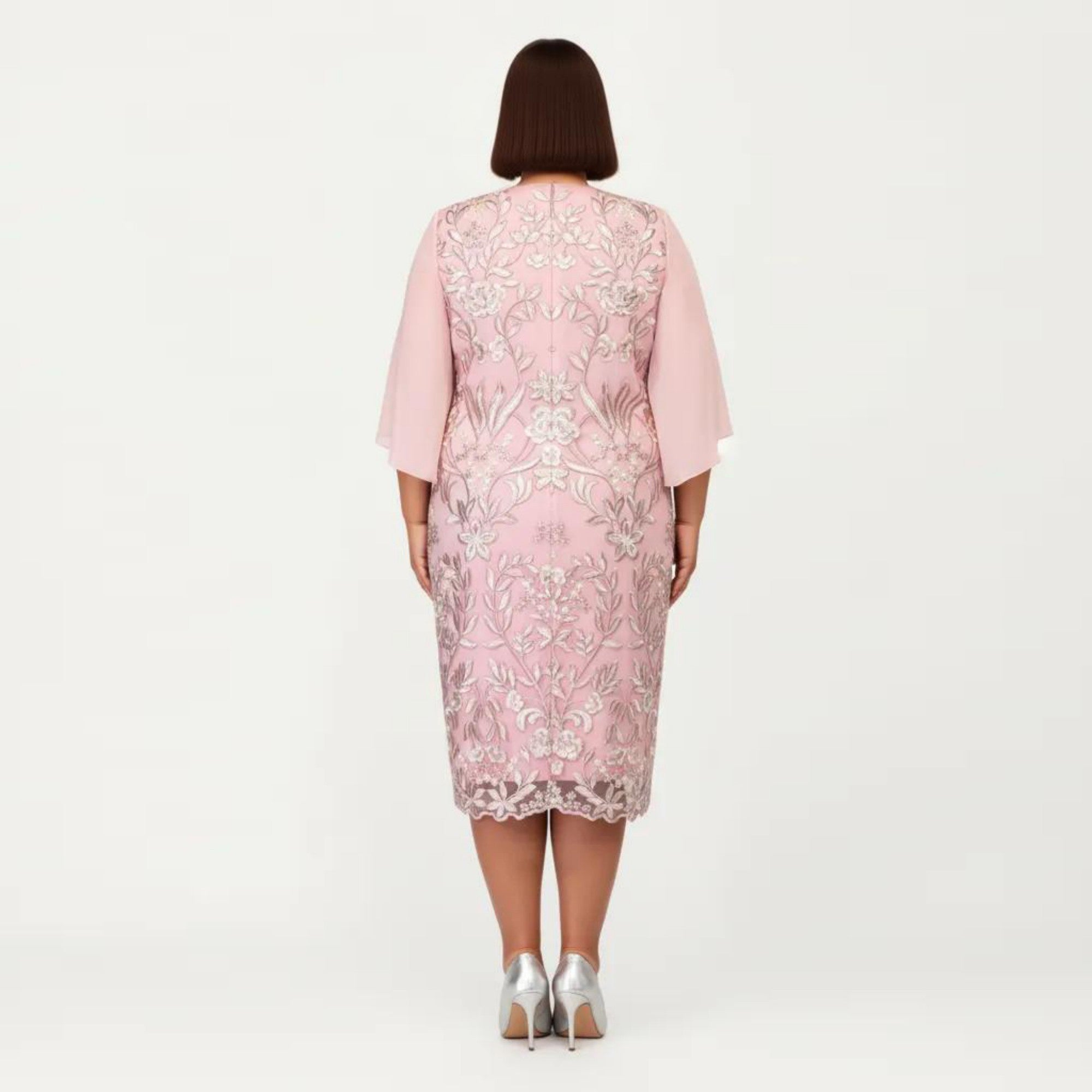 Anna-Kaci Plus Size Lace Midi Dress with Sheer Overlay Short Sleeve Loose Fit Elegant Knee Length Dress