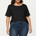 Anna-Kaci Plus Size Short Sleeve Top with Scalloped Eyelet Hem Round Neck Loose Fit Casual Blouse
