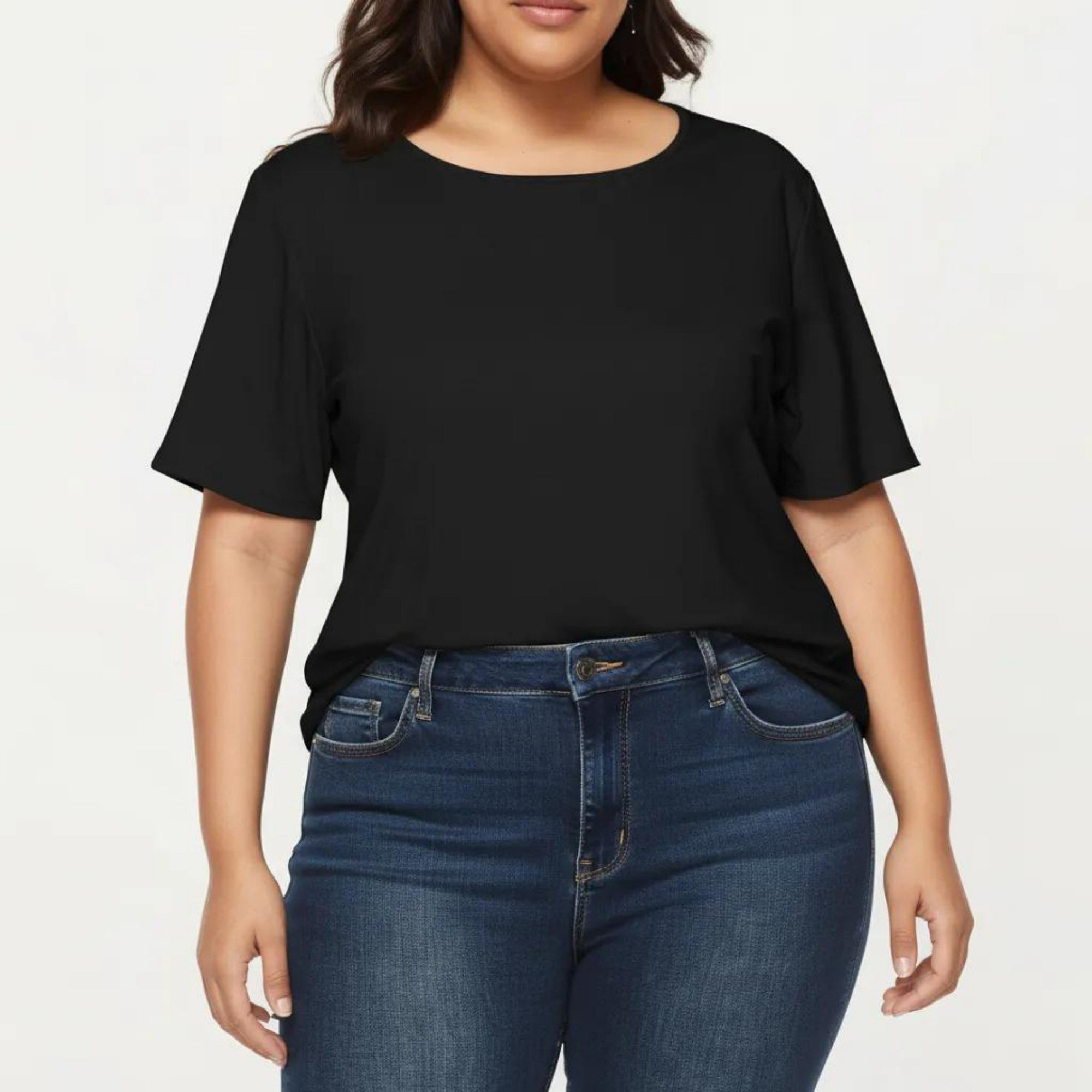 Anna-Kaci Plus Size Short Sleeve Top with Scalloped Eyelet Hem Round Neck Loose Fit Casual Blouse