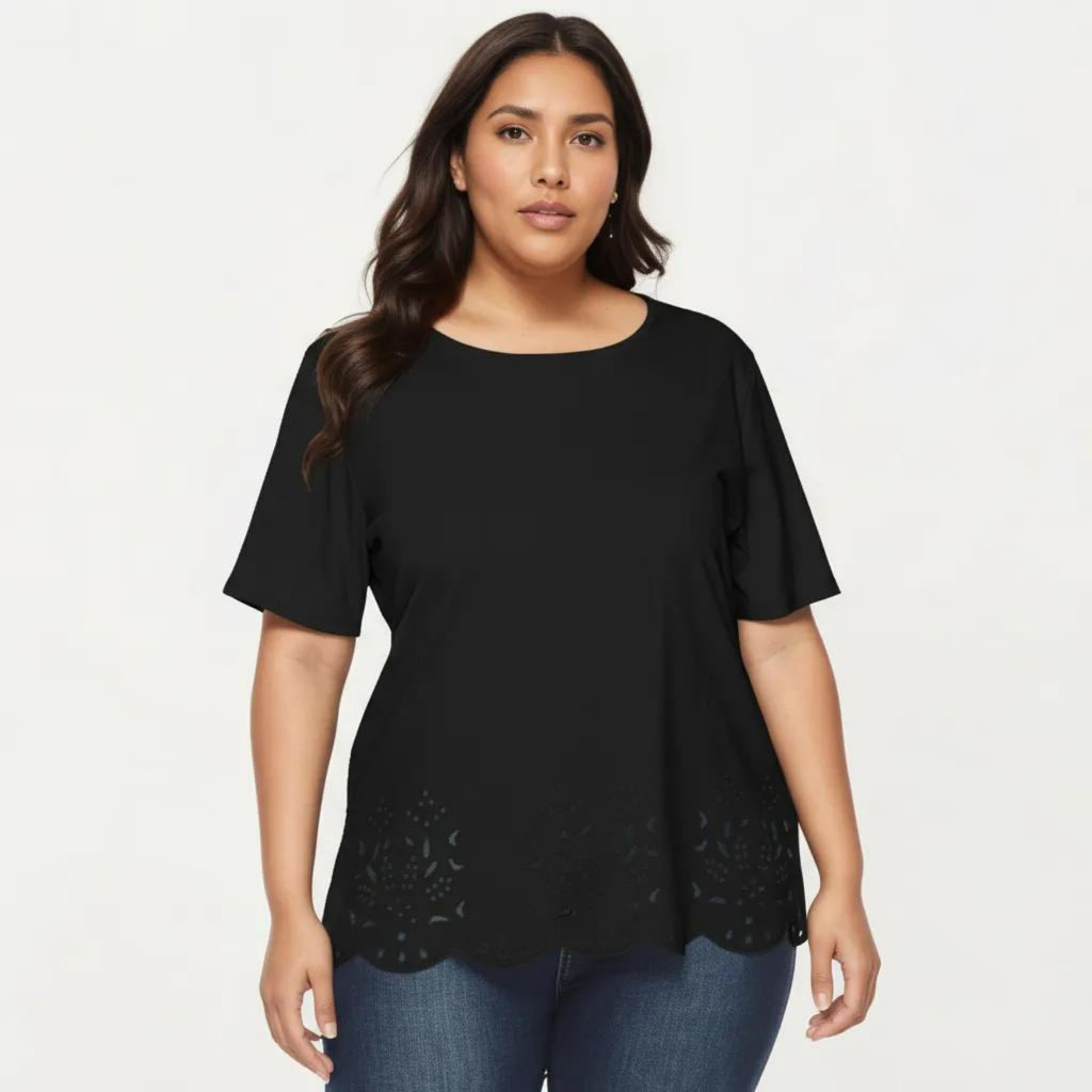 Anna-Kaci Plus Size Short Sleeve Top with Scalloped Eyelet Hem Round Neck Loose Fit Casual Blouse