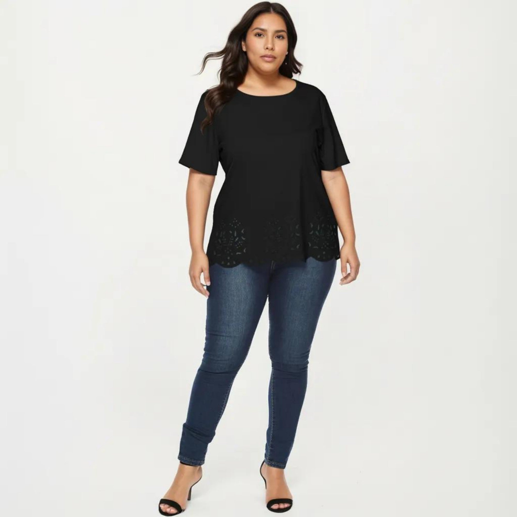 Anna-Kaci Plus Size Short Sleeve Top with Scalloped Eyelet Hem Round Neck Loose Fit Casual Blouse