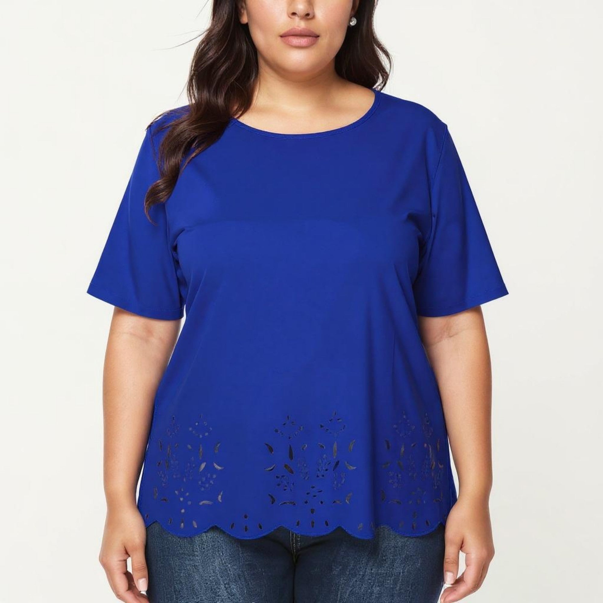 Anna-Kaci Plus Size Short Sleeve Top with Scalloped Eyelet Hem Round Neck Loose Fit Casual Blouse