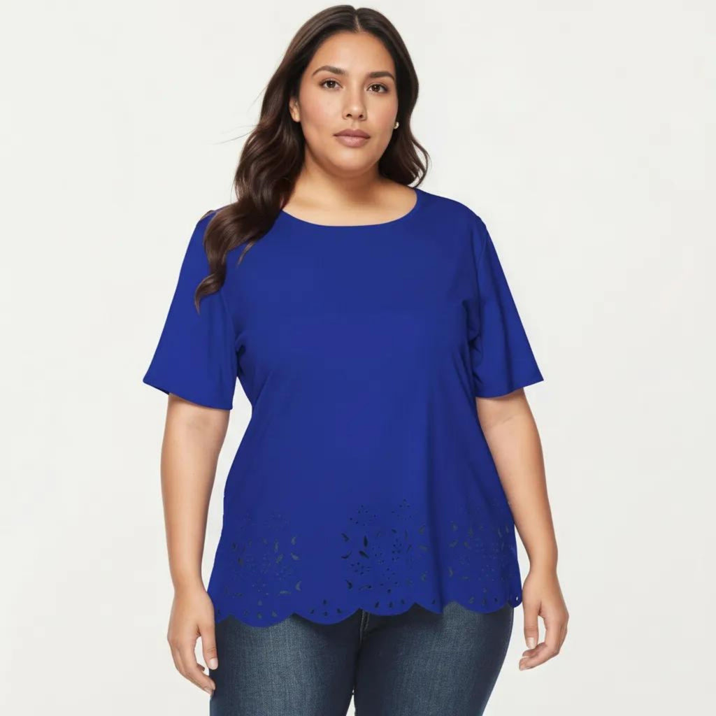 Anna-Kaci Plus Size Short Sleeve Top with Scalloped Eyelet Hem Round Neck Loose Fit Casual Blouse