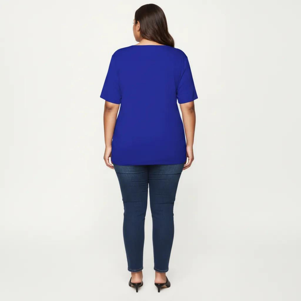 Anna-Kaci Plus Size Short Sleeve Top with Scalloped Eyelet Hem Round Neck Loose Fit Casual Blouse