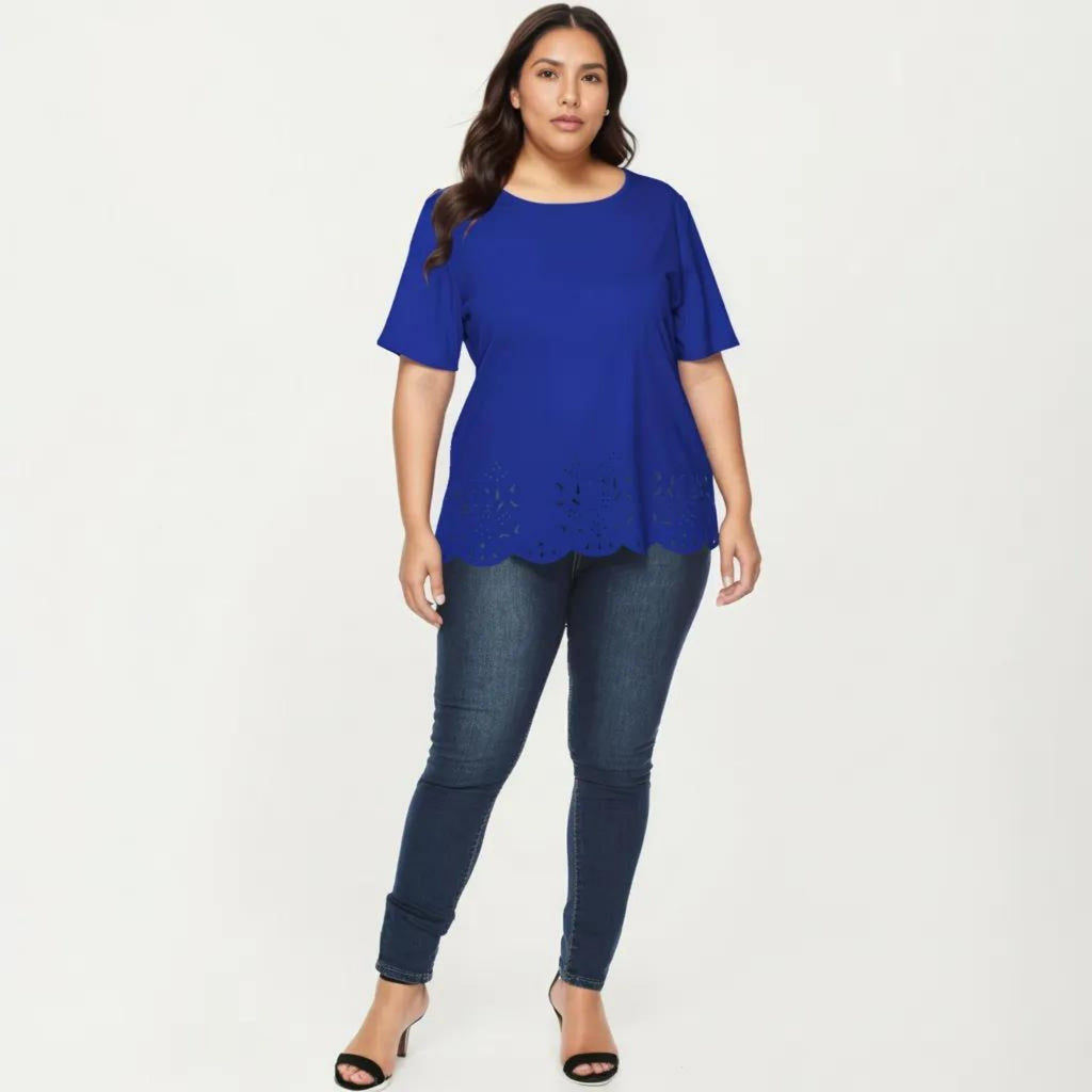 Anna-Kaci Plus Size Short Sleeve Top with Scalloped Eyelet Hem Round Neck Loose Fit Casual Blouse