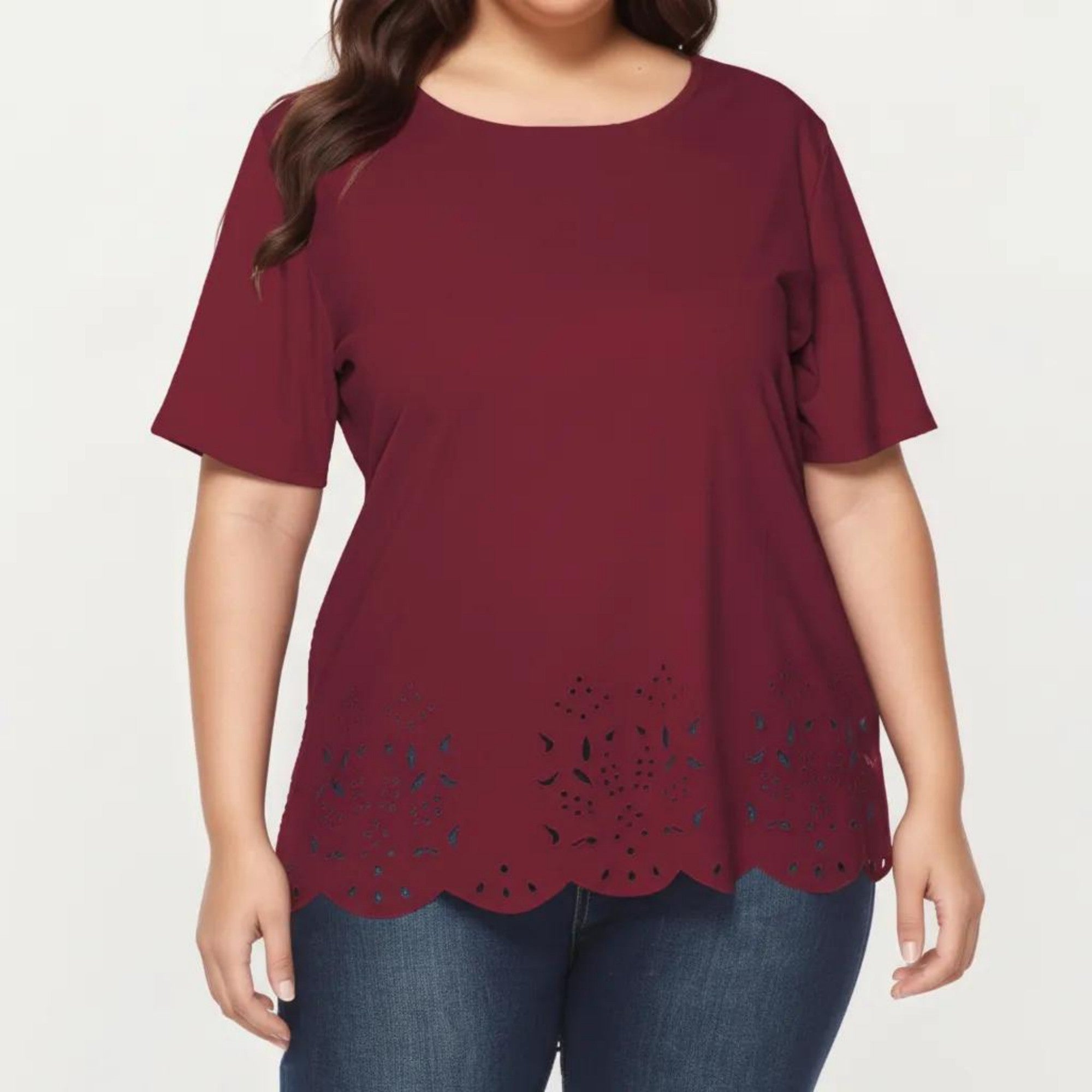 Anna-Kaci Plus Size Short Sleeve Top with Scalloped Eyelet Hem Round Neck Loose Fit Casual Blouse