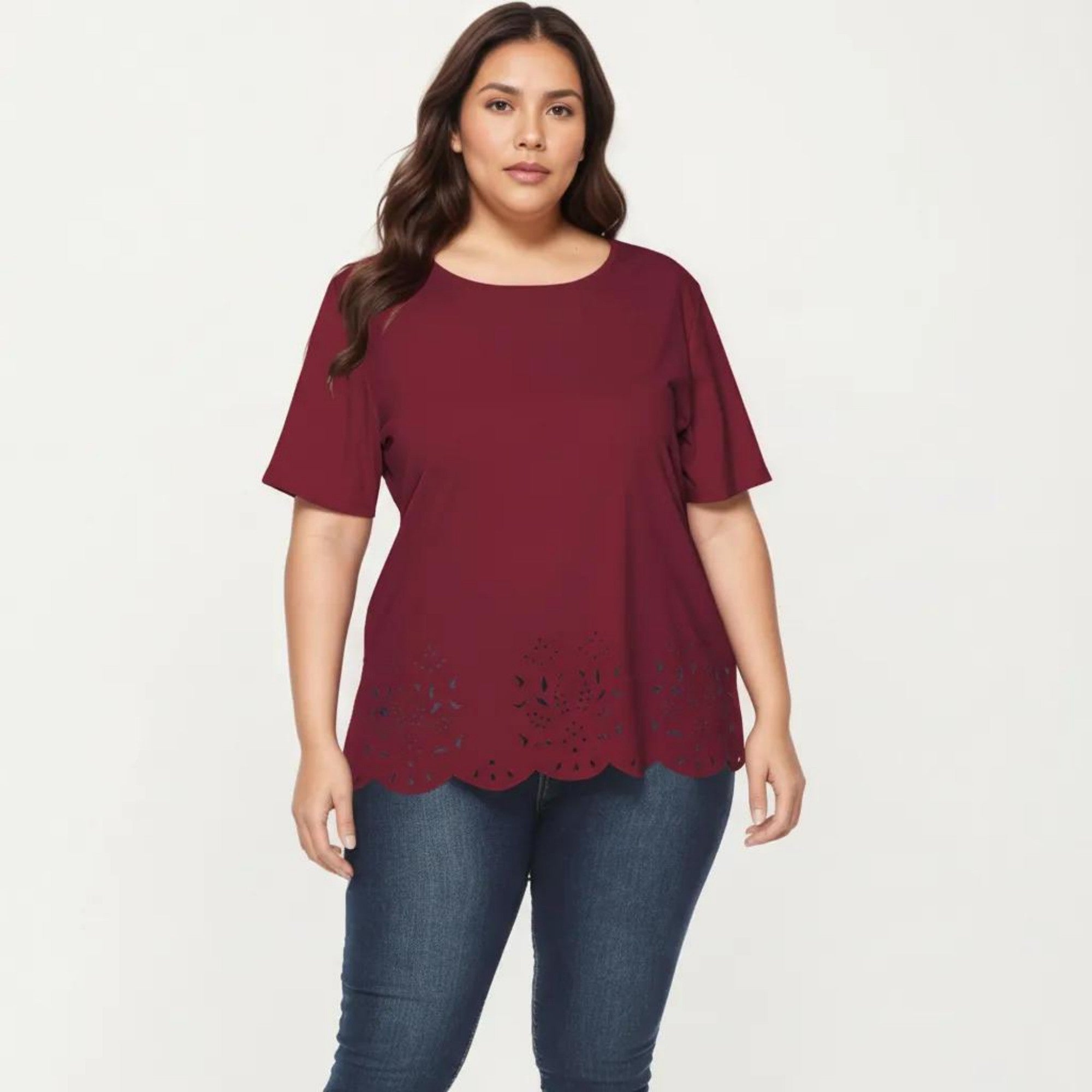 Anna-Kaci Plus Size Short Sleeve Top with Scalloped Eyelet Hem Round Neck Loose Fit Casual Blouse
