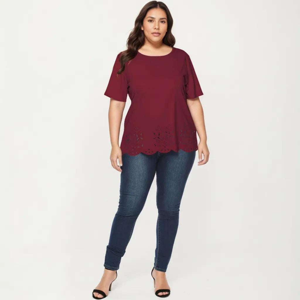 Anna-Kaci Plus Size Short Sleeve Top with Scalloped Eyelet Hem Round Neck Loose Fit Casual Blouse