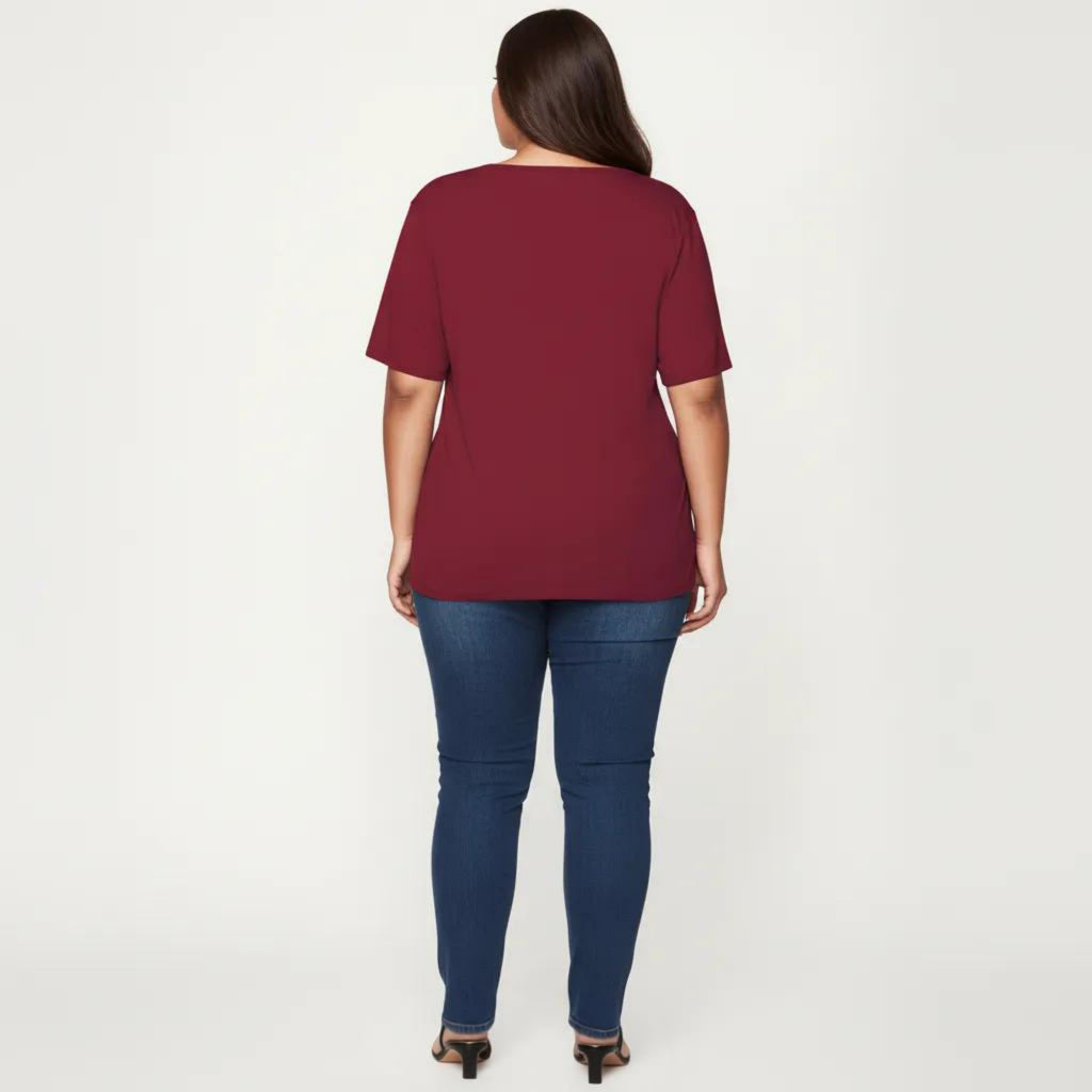 Anna-Kaci Plus Size Short Sleeve Top with Scalloped Eyelet Hem Round Neck Loose Fit Casual Blouse