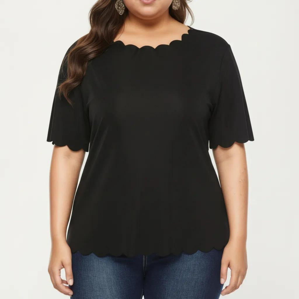 Anna-Kaci Plus Size Short Sleeve Top with Scalloped Hem Round Neck Loose Fit Casual Blouse