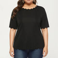 Anna-Kaci Plus Size Short Sleeve Top with Scalloped Hem Round Neck Loose Fit Casual Blouse