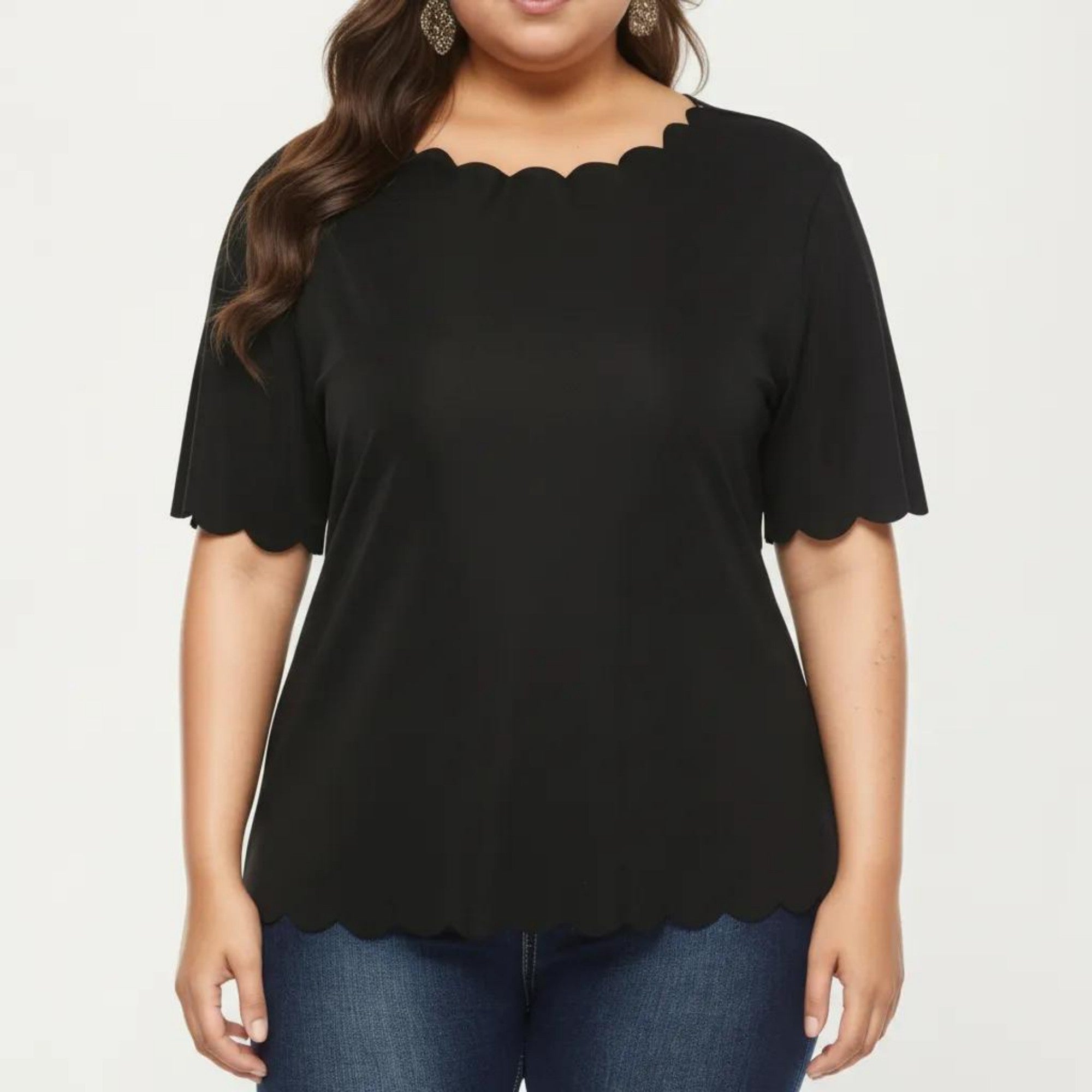 Anna-Kaci Plus Size Short Sleeve Top with Scalloped Hem Round Neck Loose Fit Casual Blouse