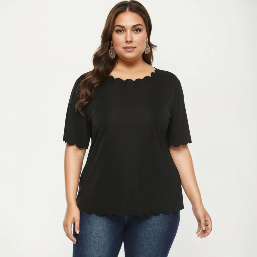 Anna-Kaci Plus Size Short Sleeve Top with Scalloped Hem Round Neck Loose Fit Casual Blouse