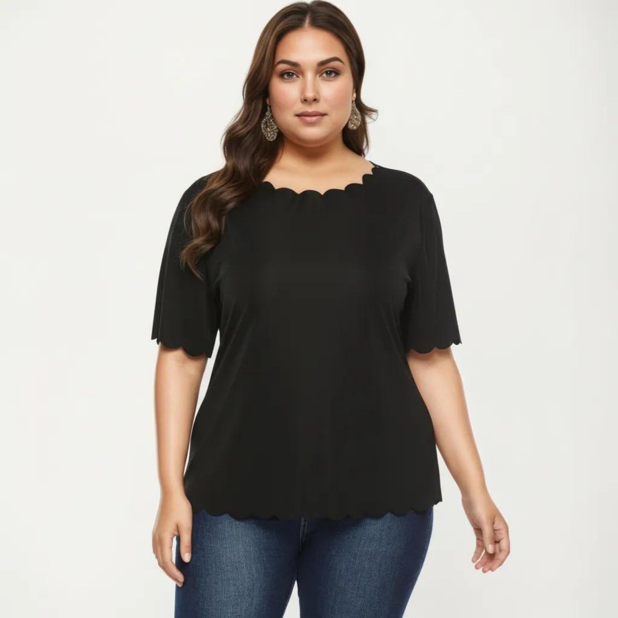 Anna-Kaci Plus Size Short Sleeve Top with Scalloped Hem Round Neck Loose Fit Casual Blouse
