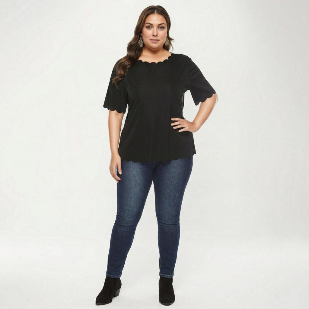 Anna-Kaci Plus Size Short Sleeve Top with Scalloped Hem Round Neck Loose Fit Casual Blouse