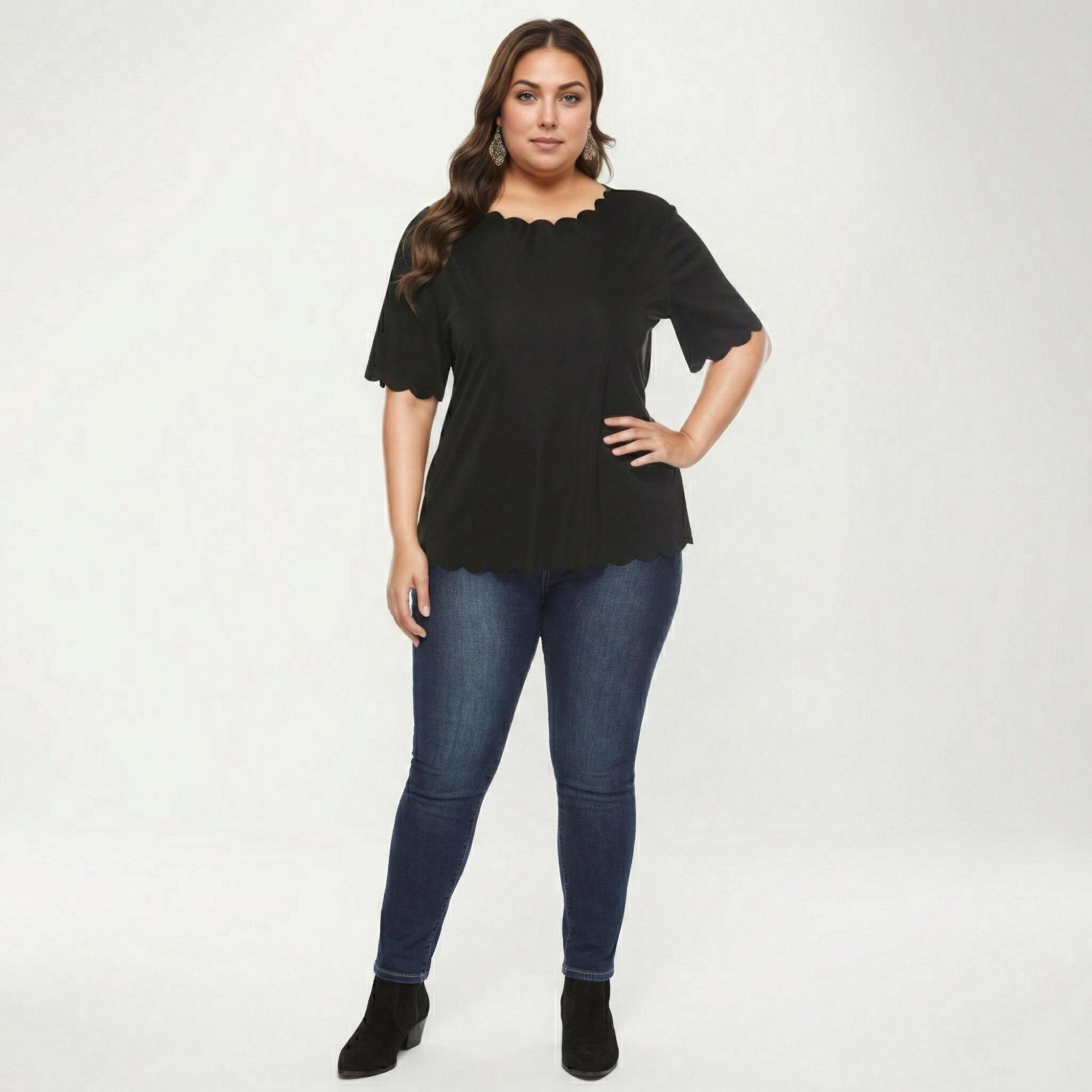 Anna-Kaci Plus Size Short Sleeve Top with Scalloped Hem Round Neck Loose Fit Casual Blouse
