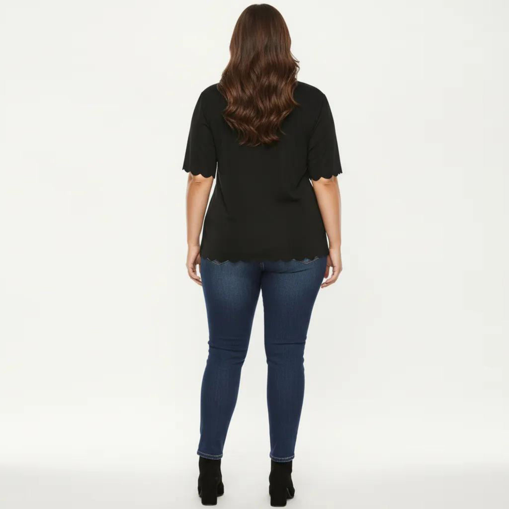 Anna-Kaci Plus Size Short Sleeve Top with Scalloped Hem Round Neck Loose Fit Casual Blouse
