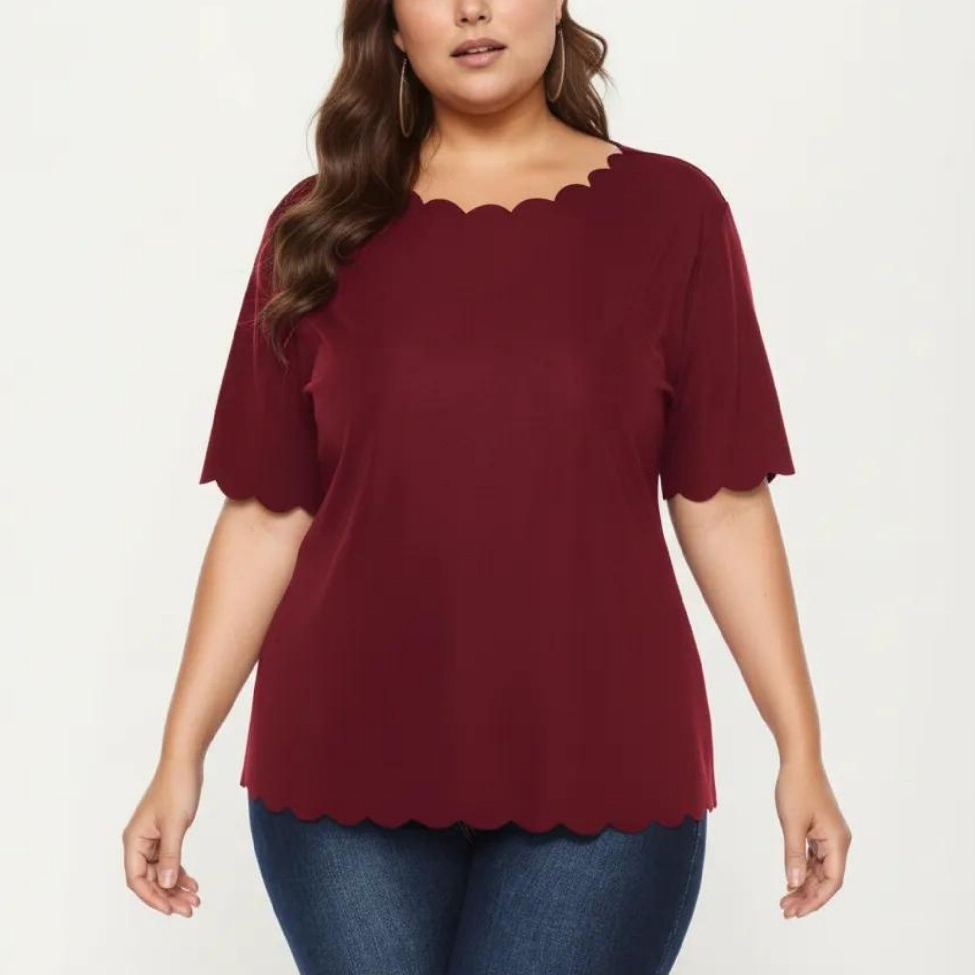 Anna-Kaci Plus Size Short Sleeve Top with Scalloped Hem Round Neck Loose Fit Casual Blouse