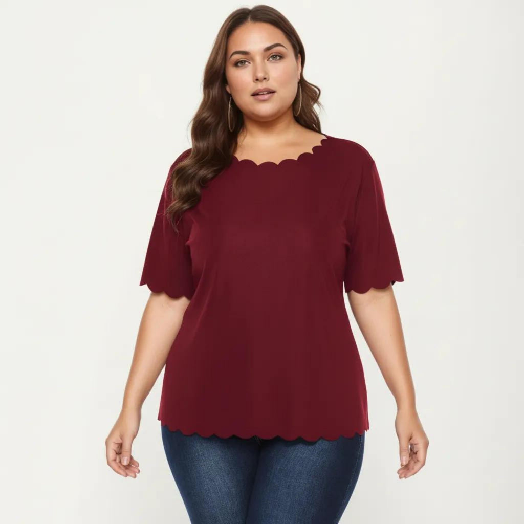 Anna-Kaci Plus Size Short Sleeve Top with Scalloped Hem Round Neck Loose Fit Casual Blouse