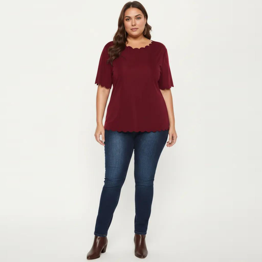 Anna-Kaci Plus Size Short Sleeve Top with Scalloped Hem Round Neck Loose Fit Casual Blouse