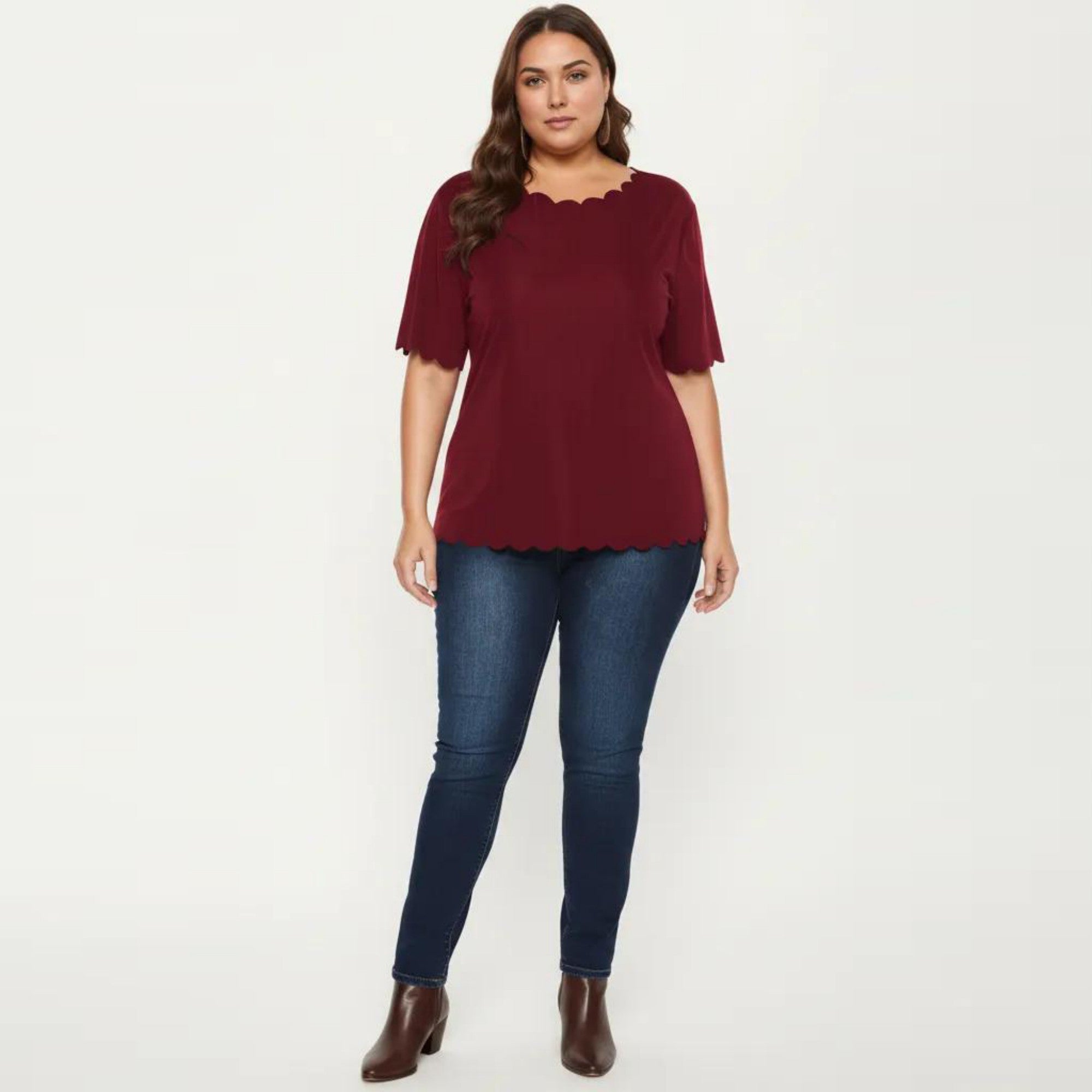 Anna-Kaci Plus Size Short Sleeve Top with Scalloped Hem Round Neck Loose Fit Casual Blouse