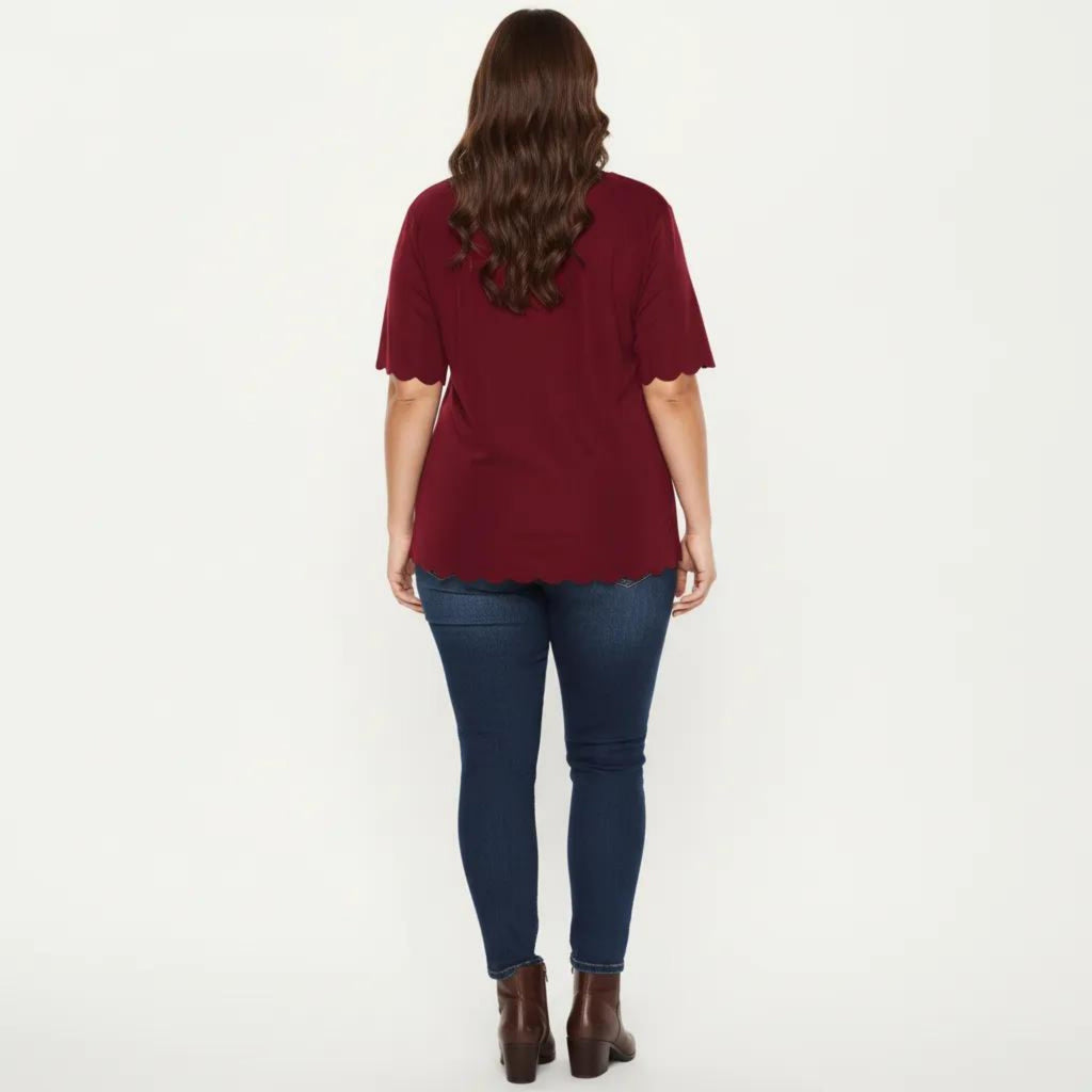 Anna-Kaci Plus Size Short Sleeve Top with Scalloped Hem Round Neck Loose Fit Casual Blouse