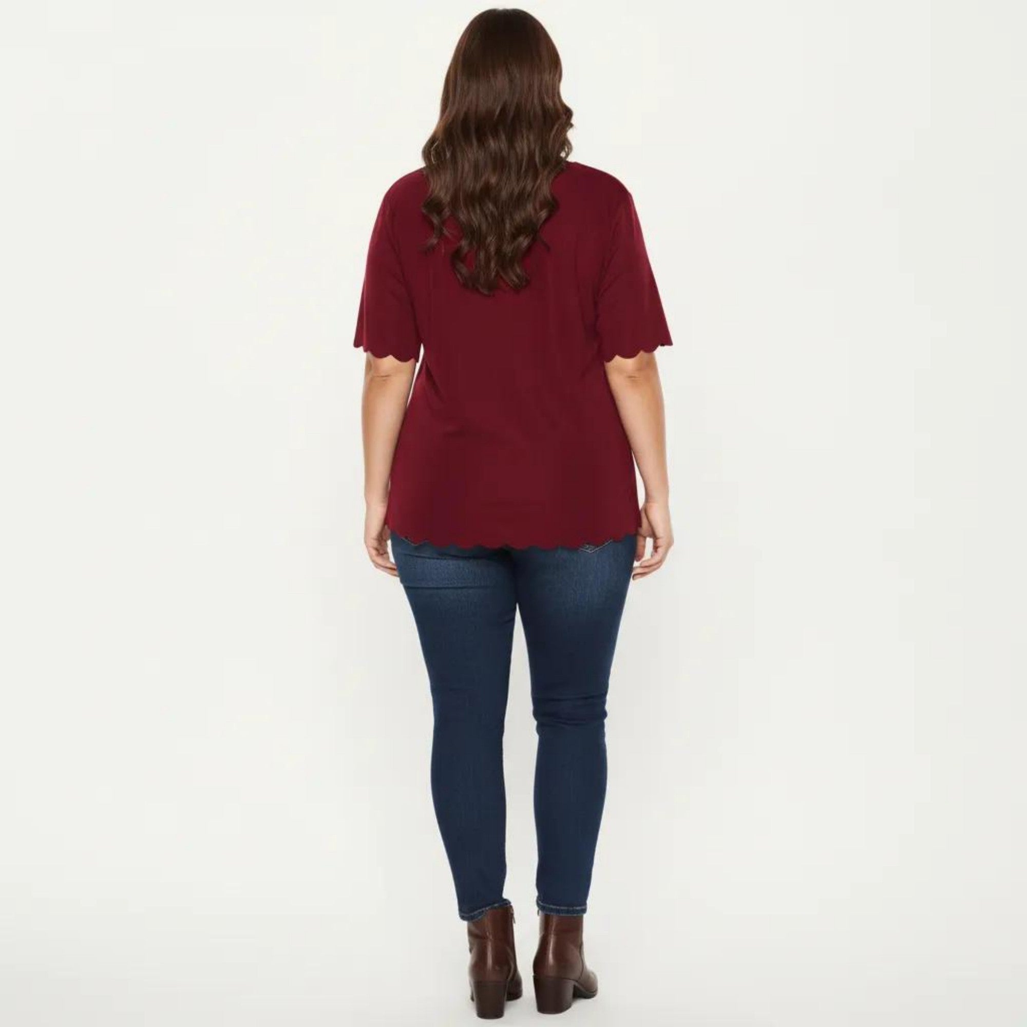 Anna-Kaci Plus Size Short Sleeve Top with Scalloped Hem Round Neck Loose Fit Casual Blouse