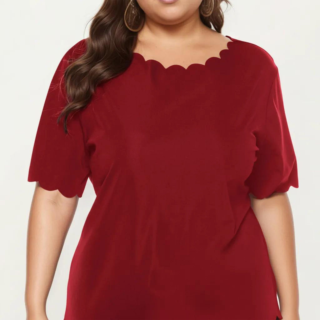 Plus Size Short Sleeve Top with Scalloped Hem Round Neck Loose Fit Casual Blouse
