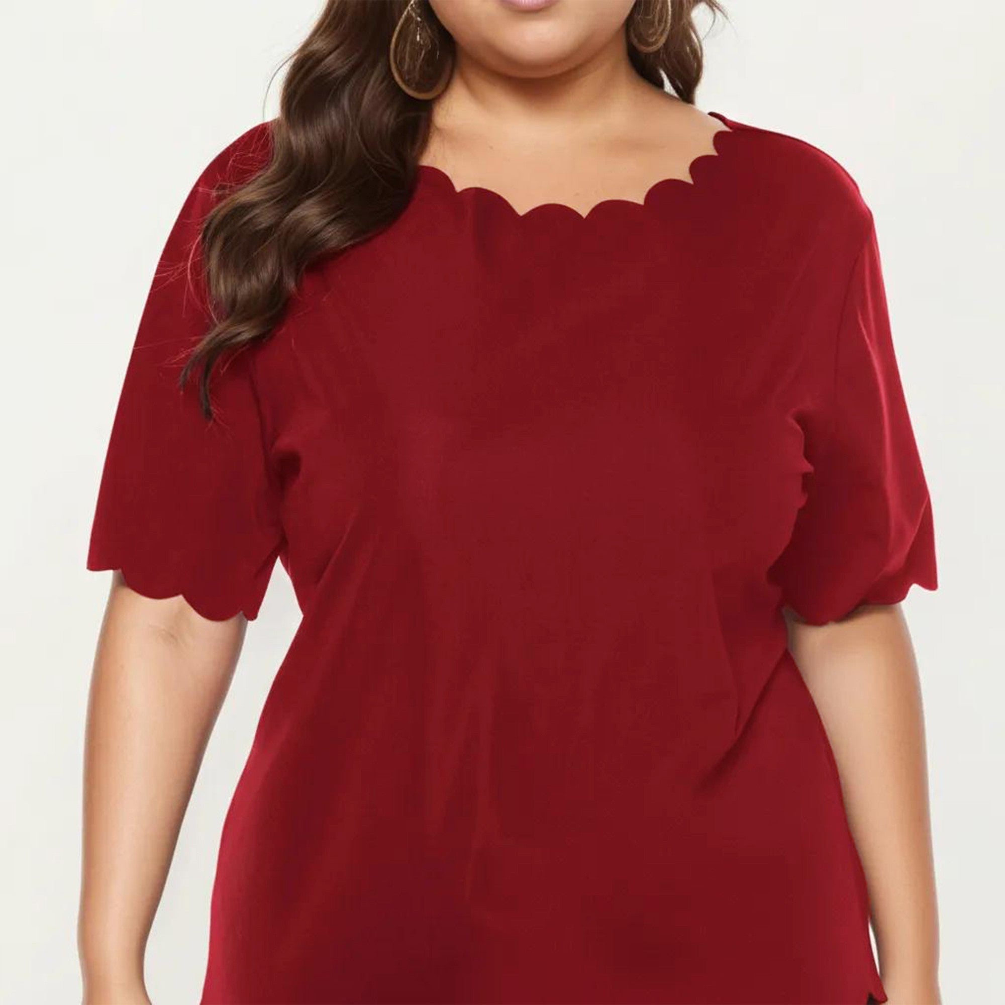 Plus Size Short Sleeve Top with Scalloped Hem Round Neck Loose Fit Casual Blouse