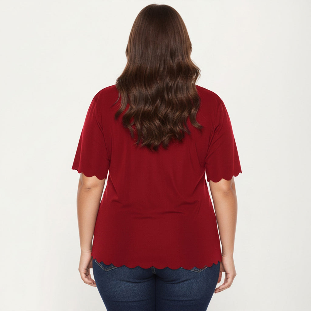 Plus Size Short Sleeve Top with Scalloped Hem Round Neck Loose Fit Casual Blouse