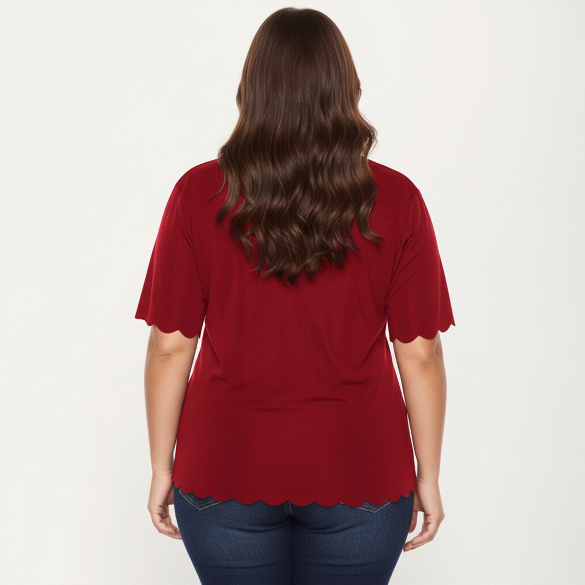 Plus Size Short Sleeve Top with Scalloped Hem Round Neck Loose Fit Casual Blouse