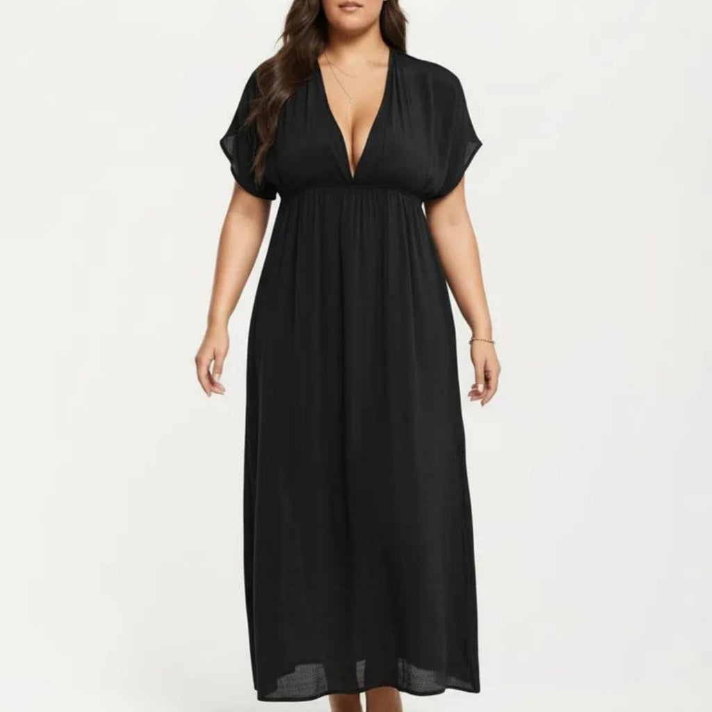 Anna-Kaci Plus Size Maxi Dress with Deep V Neck Short Sleeve Loose Fit Flowy Casual Long Dress