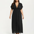 Anna-Kaci Plus Size Maxi Dress with Deep V Neck Short Sleeve Loose Fit Flowy Casual Long Dress