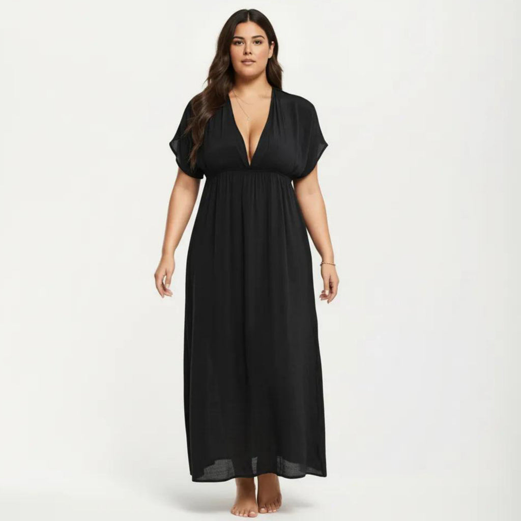 Anna-Kaci Plus Size Maxi Dress with Deep V Neck Short Sleeve Loose Fit Flowy Casual Long Dress