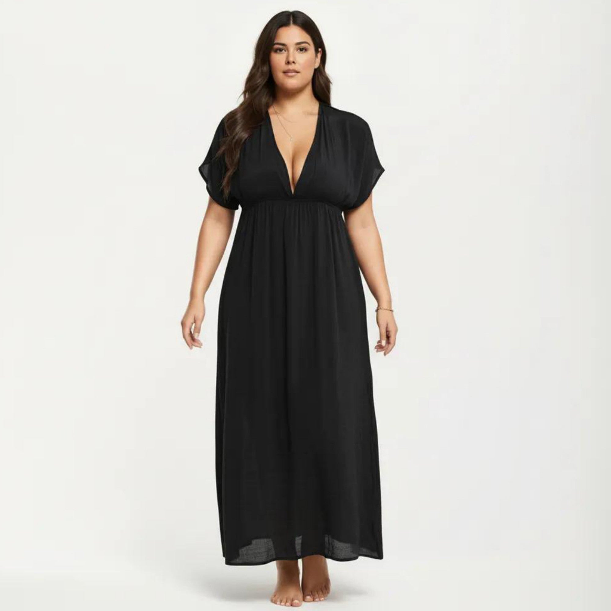 Anna-Kaci Plus Size Maxi Dress with Deep V Neck Short Sleeve Loose Fit Flowy Casual Long Dress