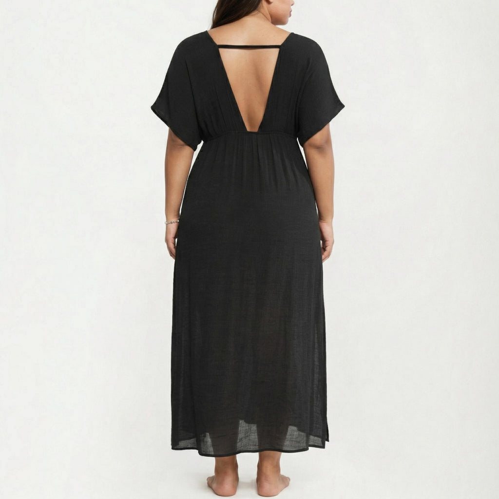 Anna-Kaci Plus Size Maxi Dress with Deep V Neck Short Sleeve Loose Fit Flowy Casual Long Dress